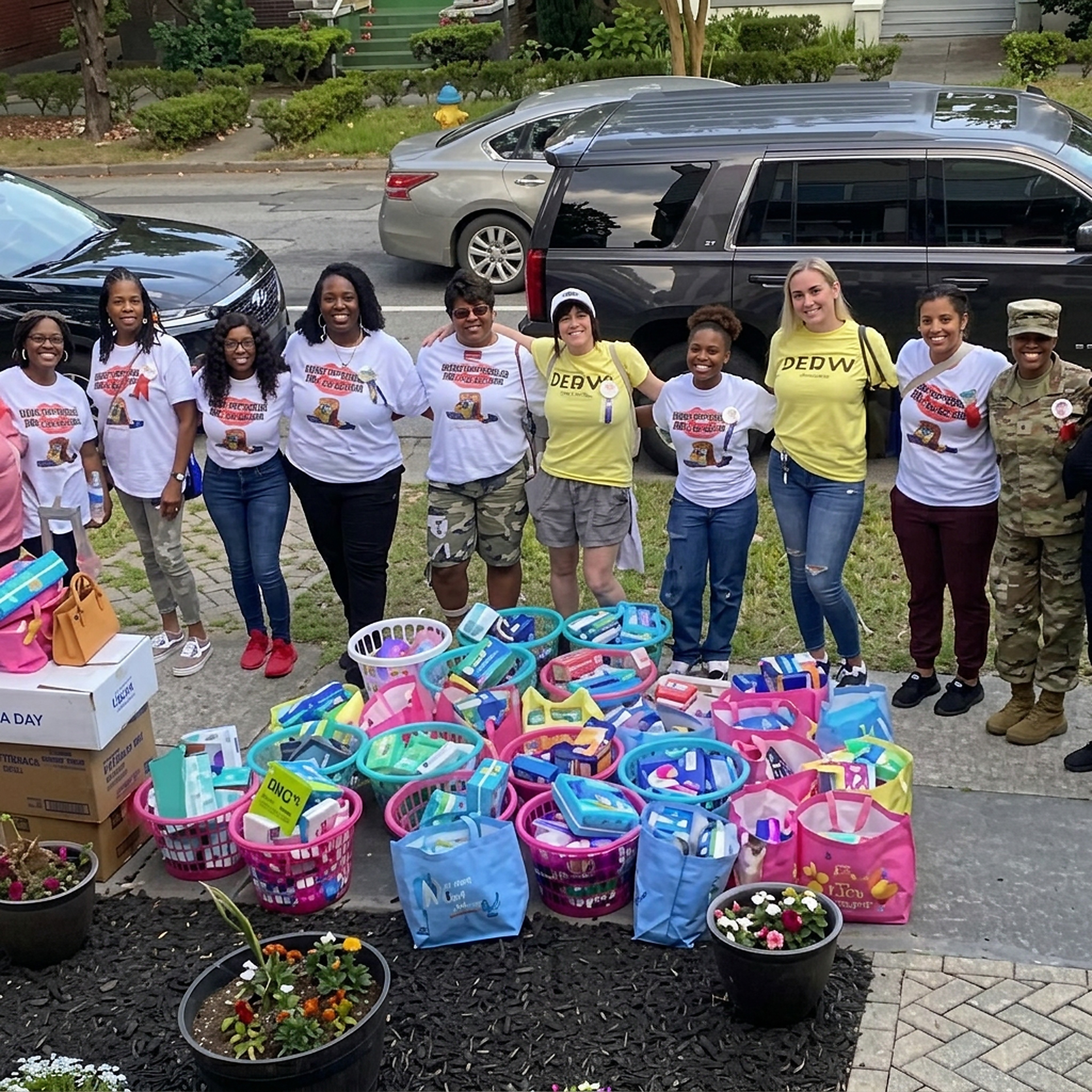 Members preparing care baskets in the parking lot before delivery